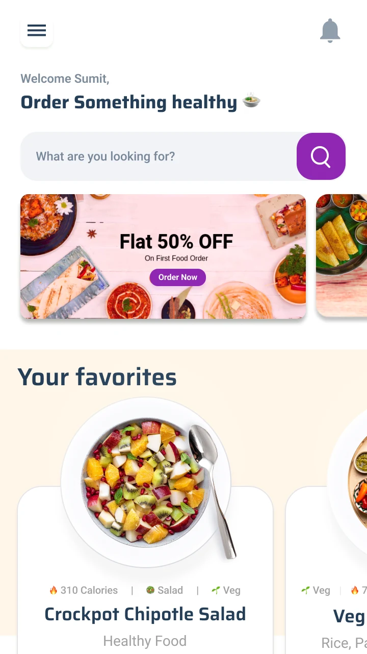 The Stufd home screen: a greeting that reads Order Something healthy, a search field, a 50% off banner and a Your favorites row.
