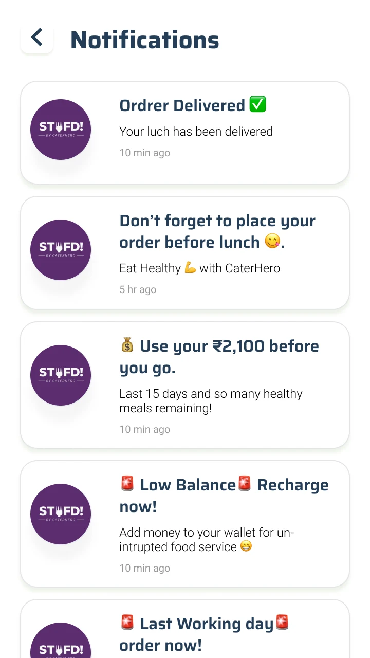 Notifications: order delivered, a reminder to order before lunch, a nudge to use the remaining allowance, a low-balance recharge prompt.