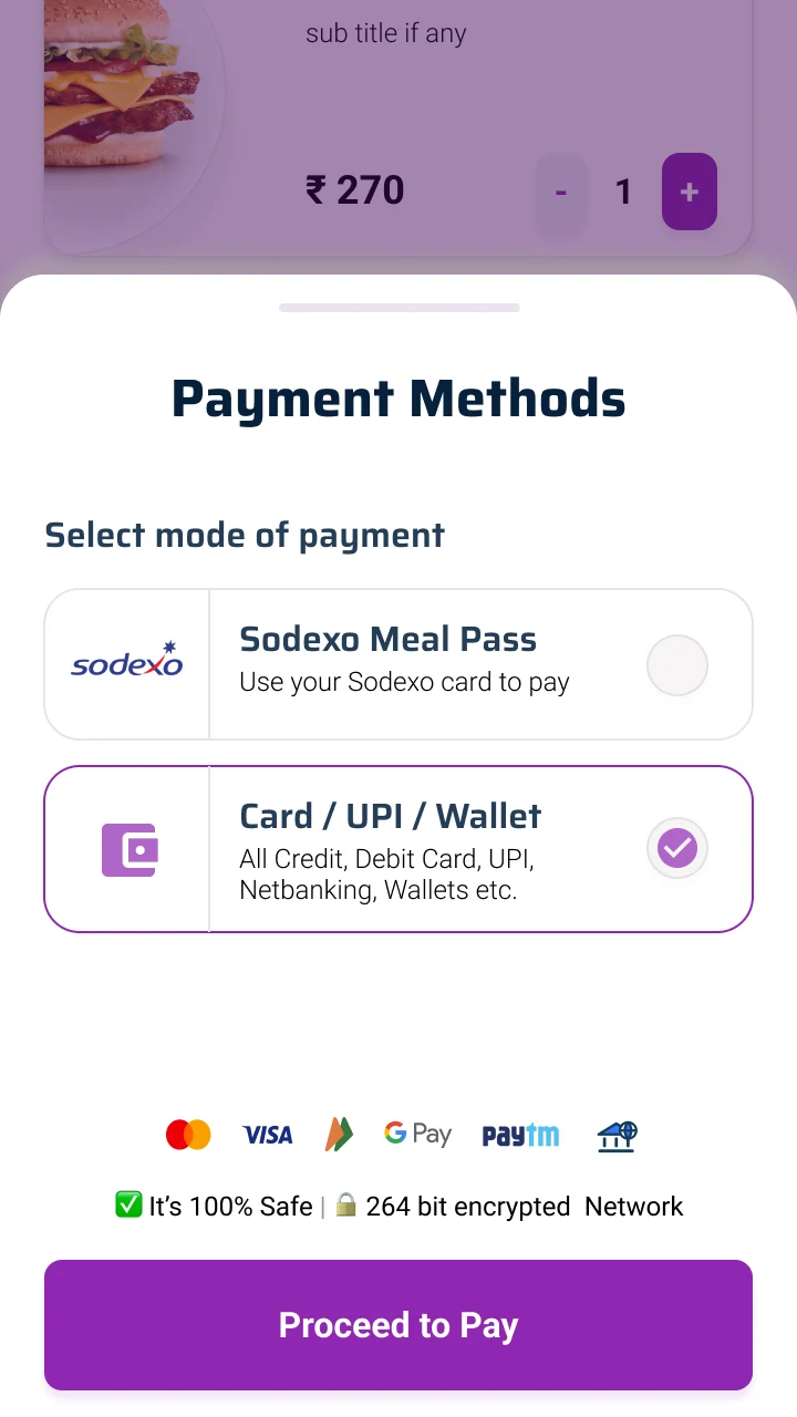 Payment methods: a Sodexo meal pass beside card, UPI and wallet options.