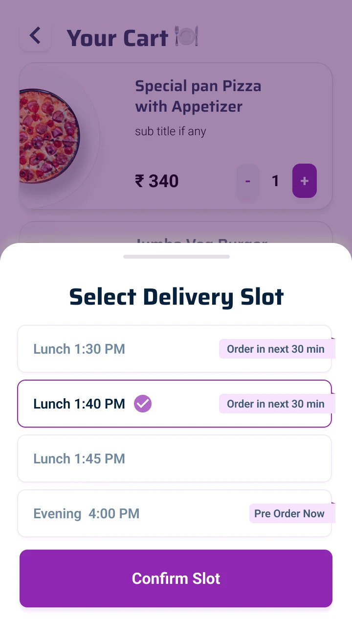 The delivery slot sheet: three lunch slots and an evening pre-order slot.