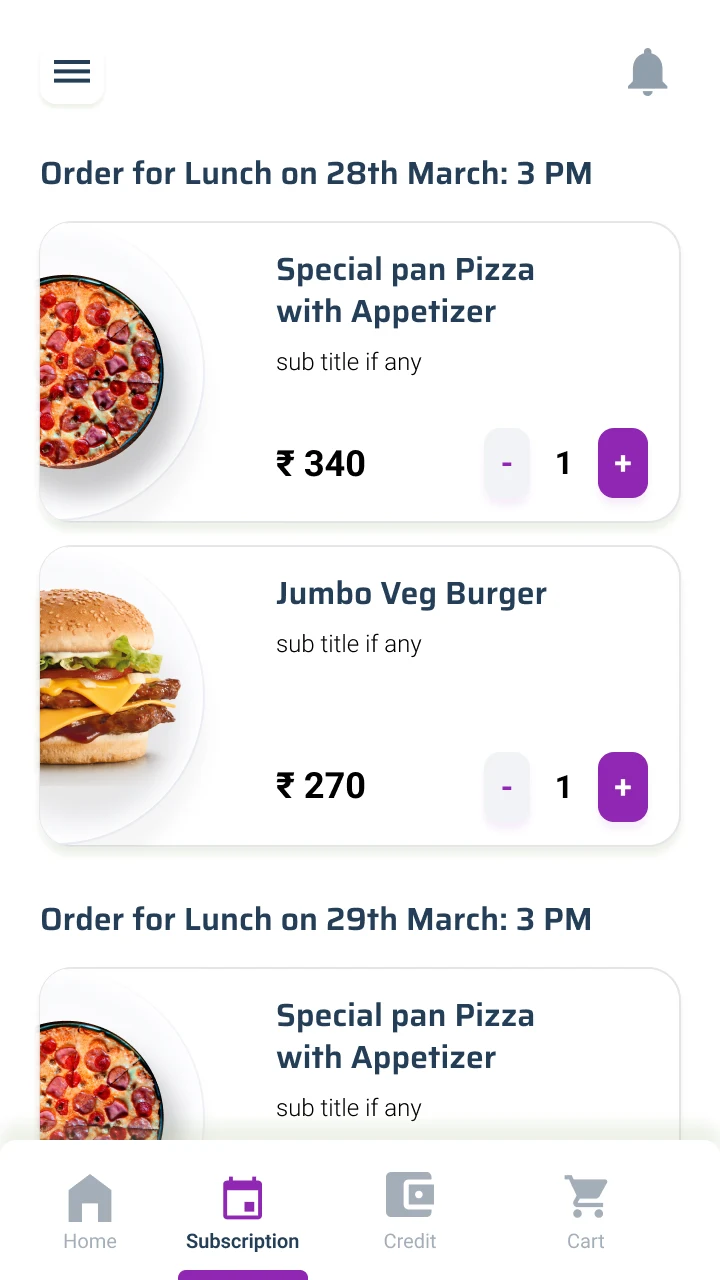 The subscription tab: meals scheduled for the 28th and 29th of March at 3 PM, over a bottom nav where Subscription sits beside Home.