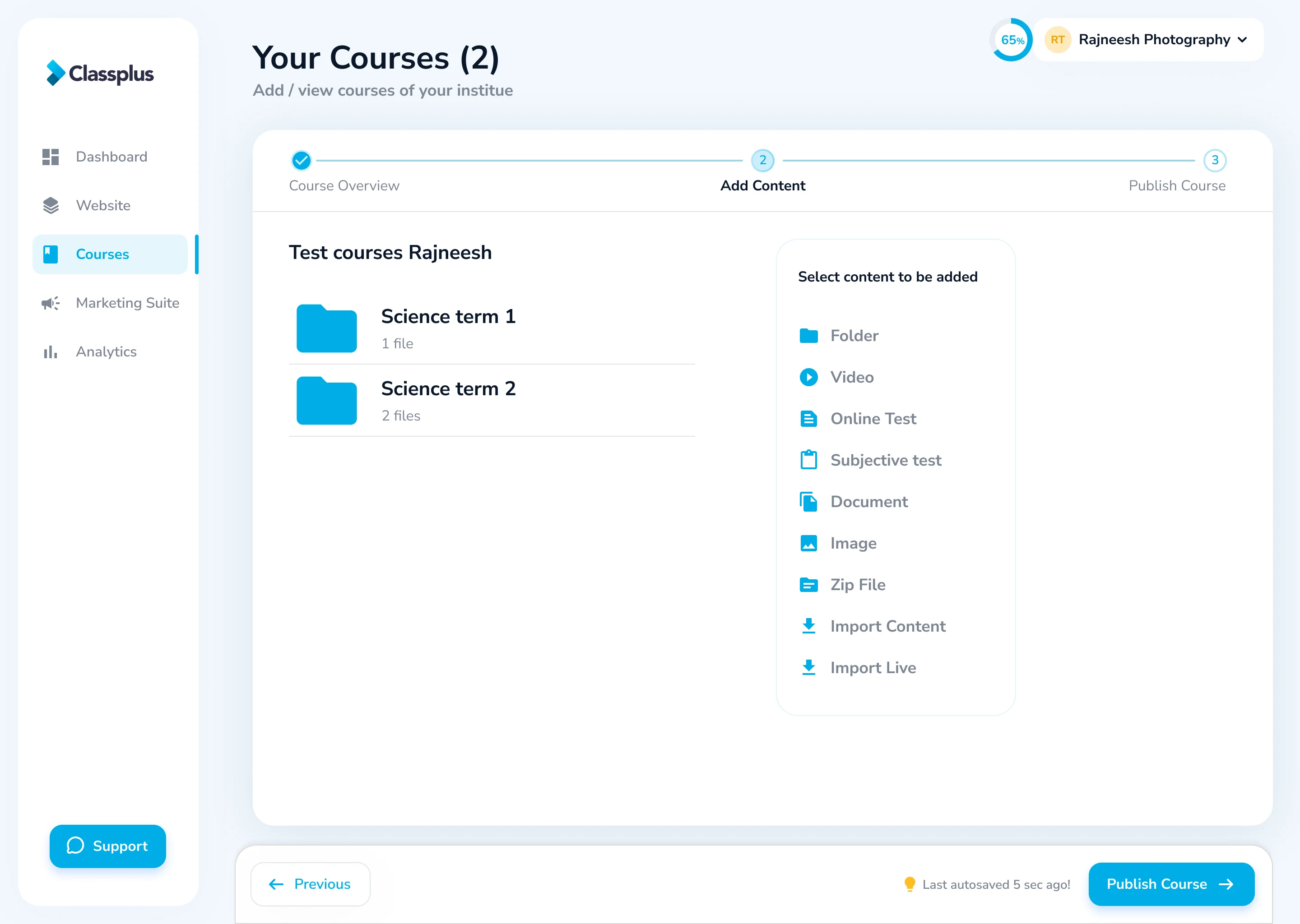 Adding course content: folders, videos, online tests, documents and live classes.