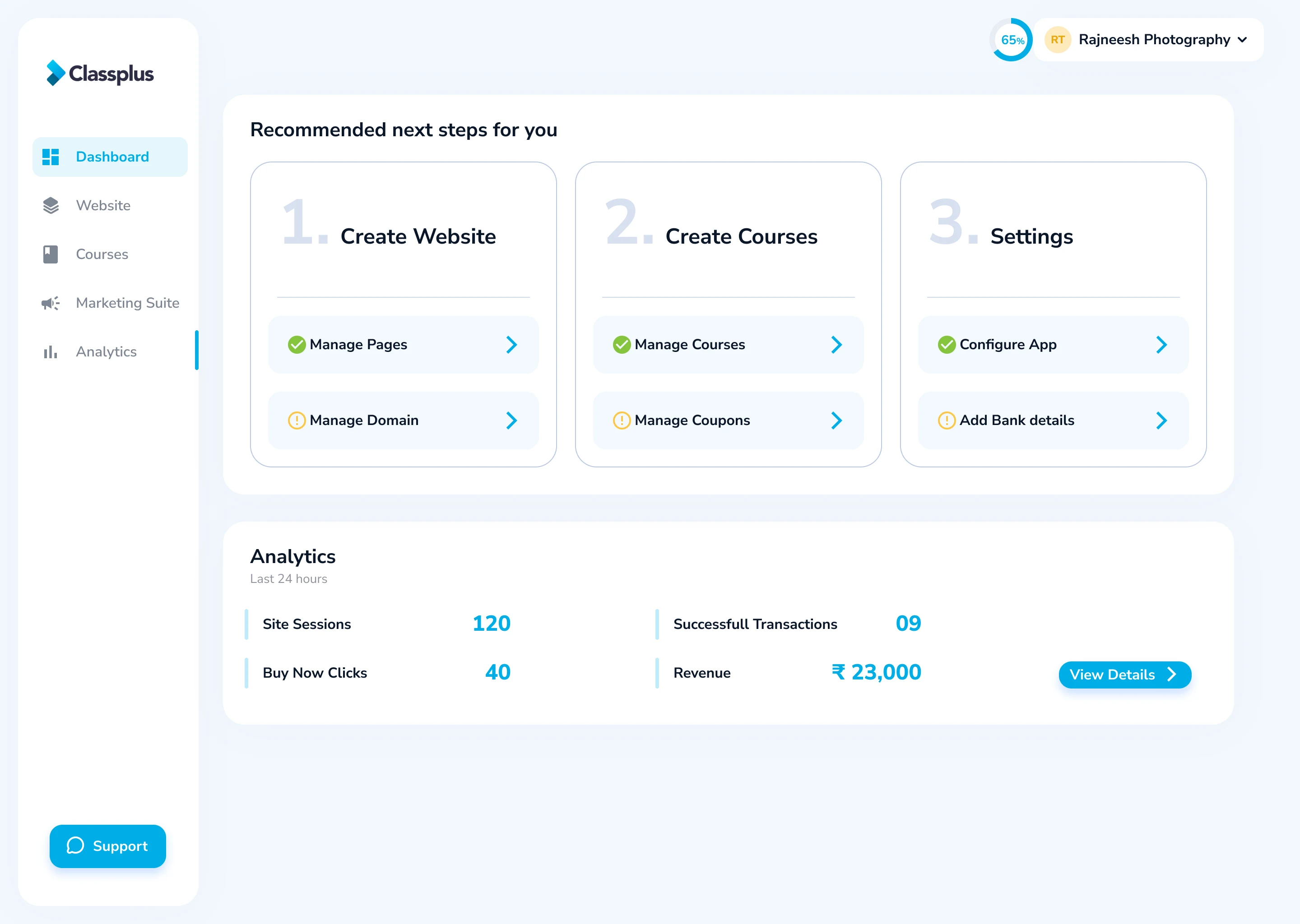 The educator dashboard: recommended next steps, courses, marketing and the day's numbers in view.