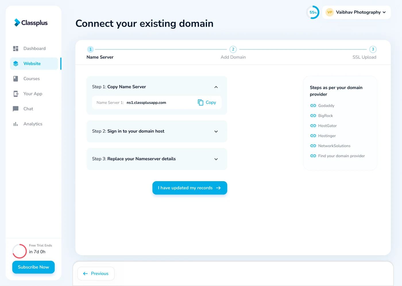 Connect a domain the tutor already owns, or take a free one.