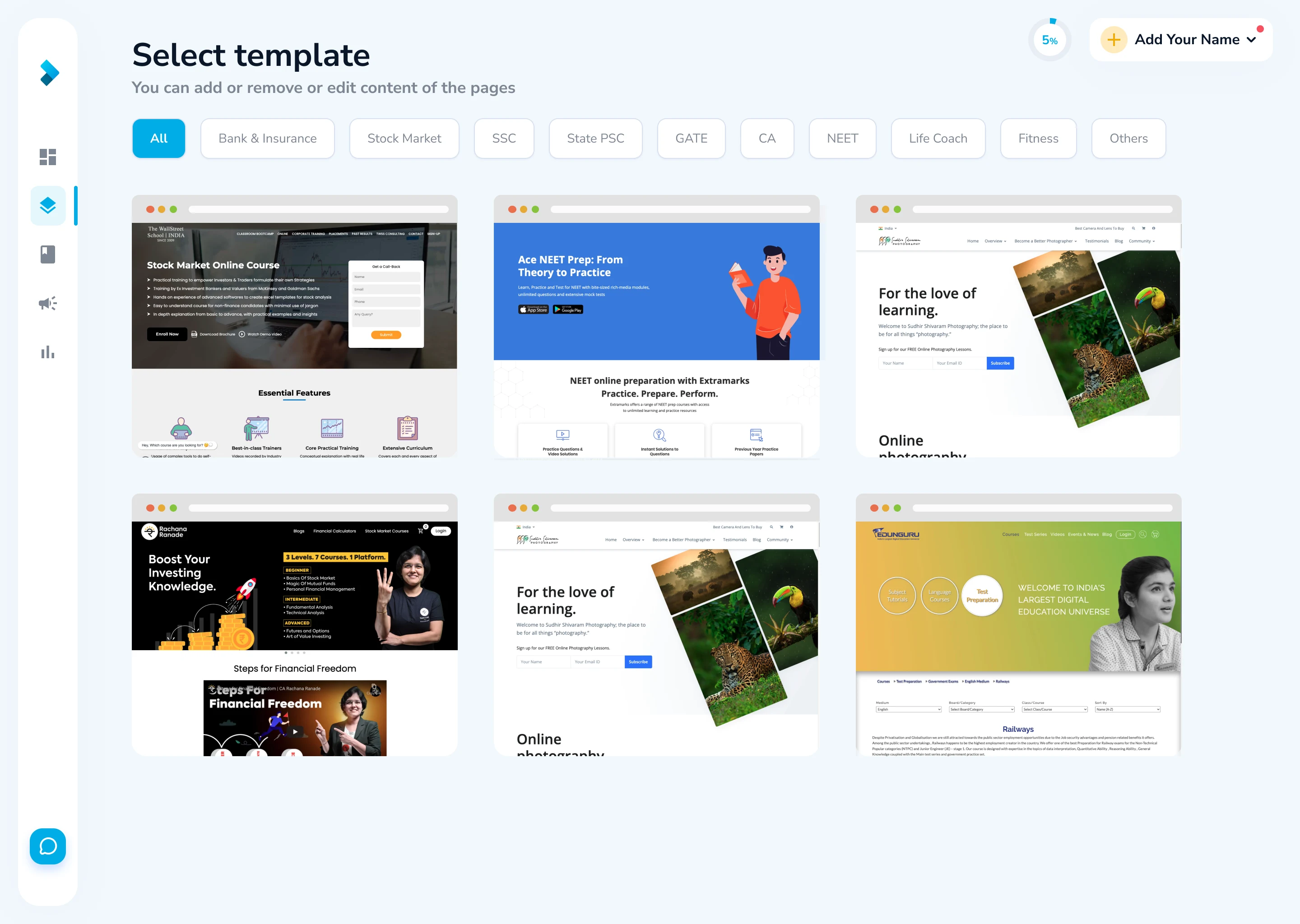 The template gallery, organised by teaching category.