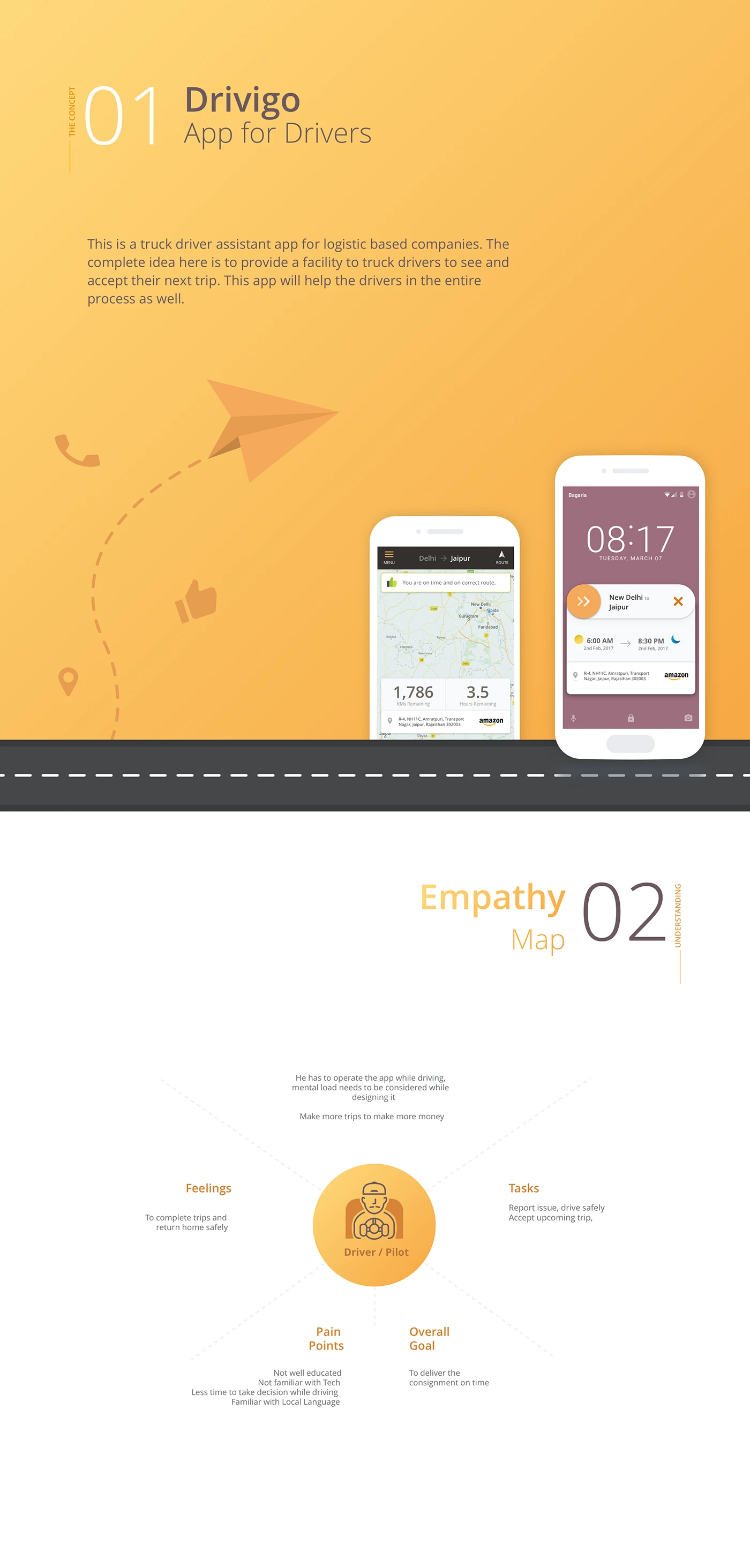 The Drivigo concept board: the idea, real app screens for a route and a lock-screen trip card, and an empathy map of the driver.