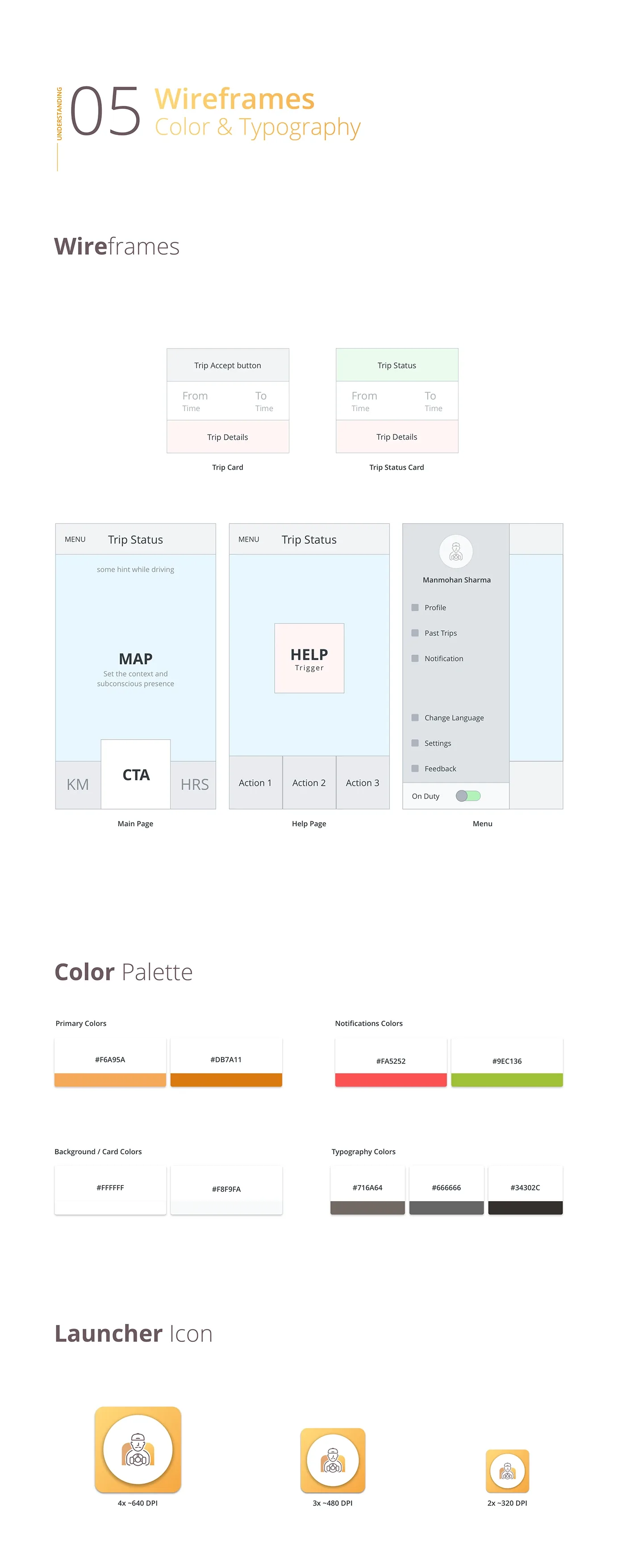 The wireframes for the main, help and menu screens, the colour palette, and the launcher icon.