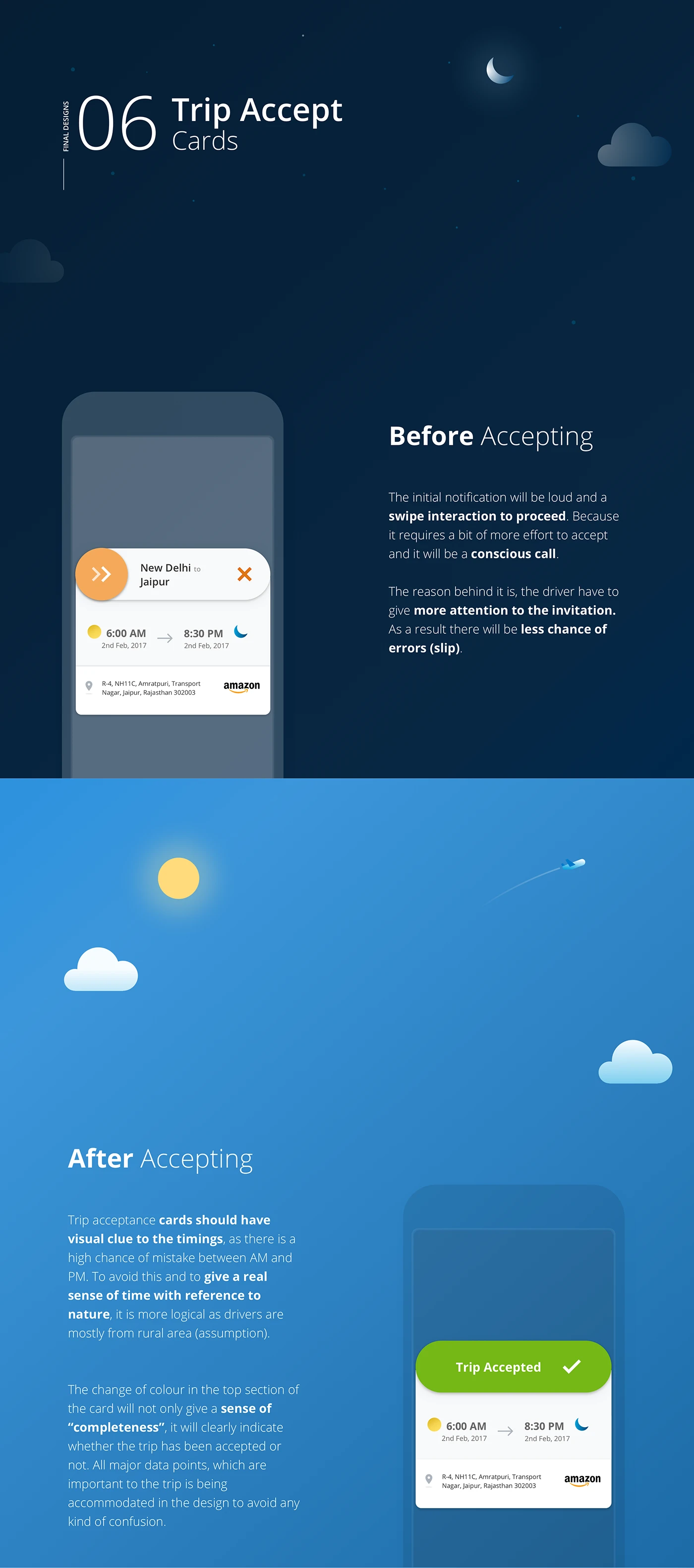 The trip-accept card before and after accepting, with the reasoning: a swipe makes acceptance a conscious call, and green signals completeness.