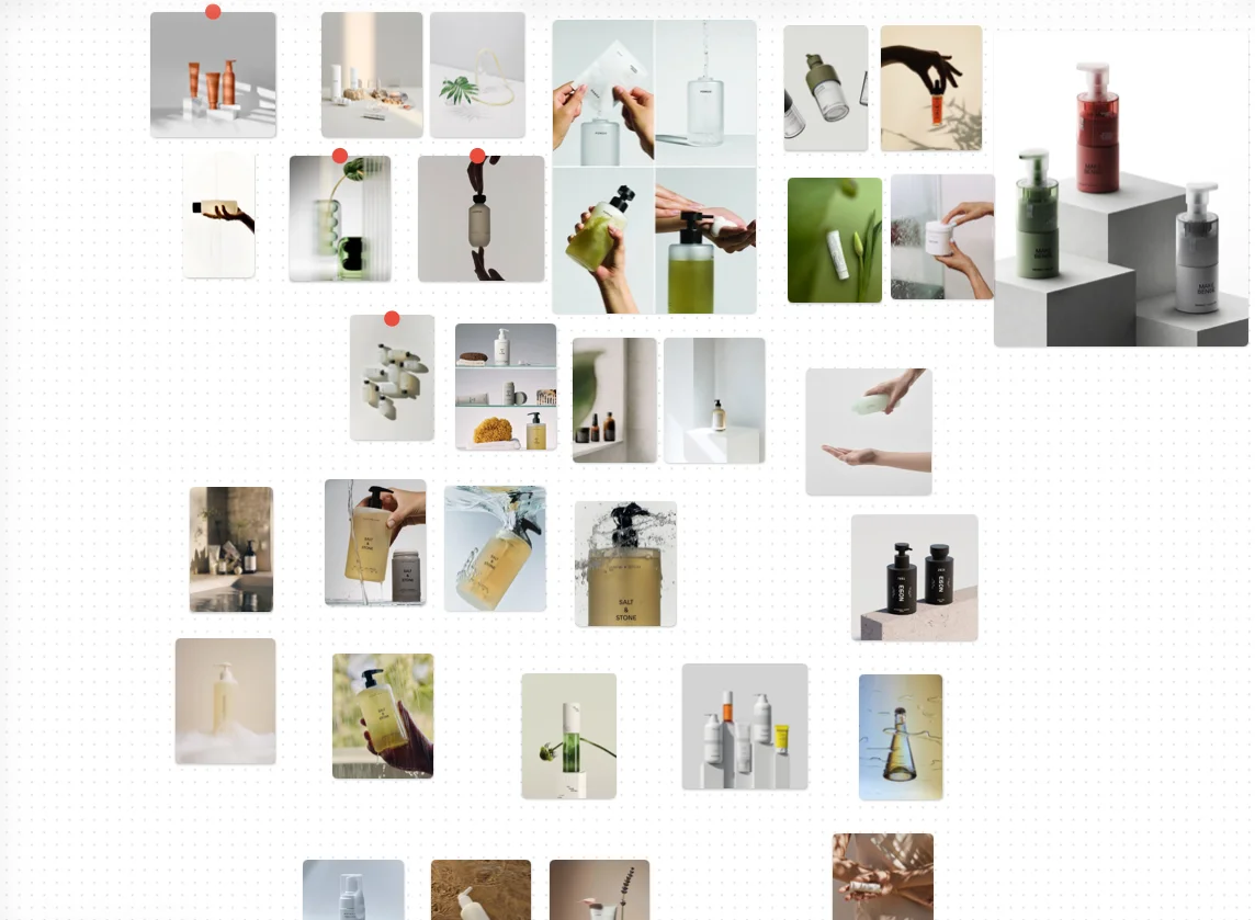 A working mood board of gathered reference photographs: apothecary bottles, cleansing bars, ceramics and botanicals in soft directional light on stone and linen.