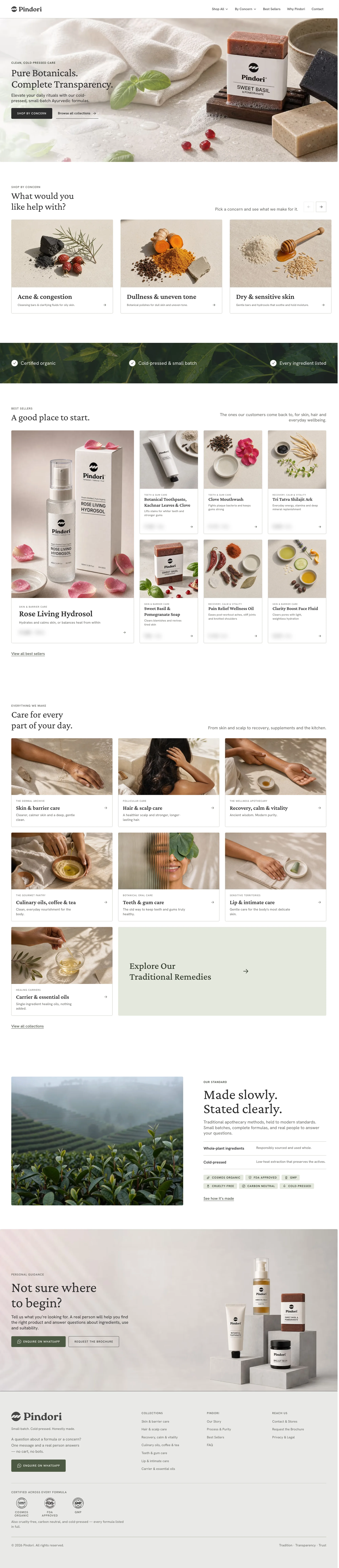 The Pindori homepage, top to footer: the cold-pressed hero of handmade bars on wet stone, shop-by-concern tiles, certification band, best-seller cards, collection tiles, the sourcing standard, the WhatsApp guidance section and the footer.