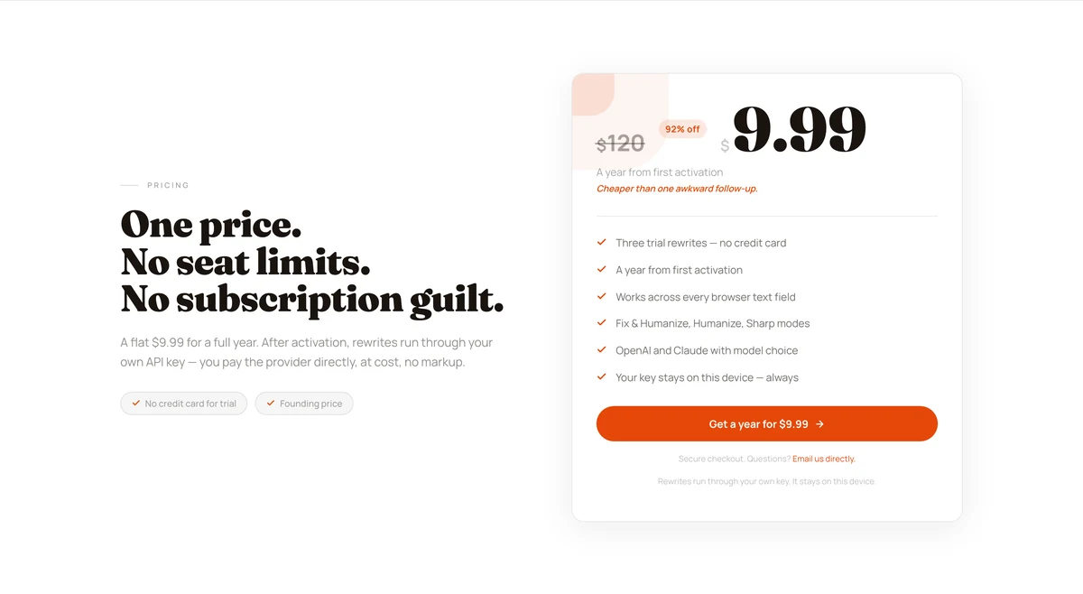 Landing pricing section “One price. No seat limits. No subscription guilt.” showing a flat 9.99 dollars a year plan with a bring-your-own-key note.