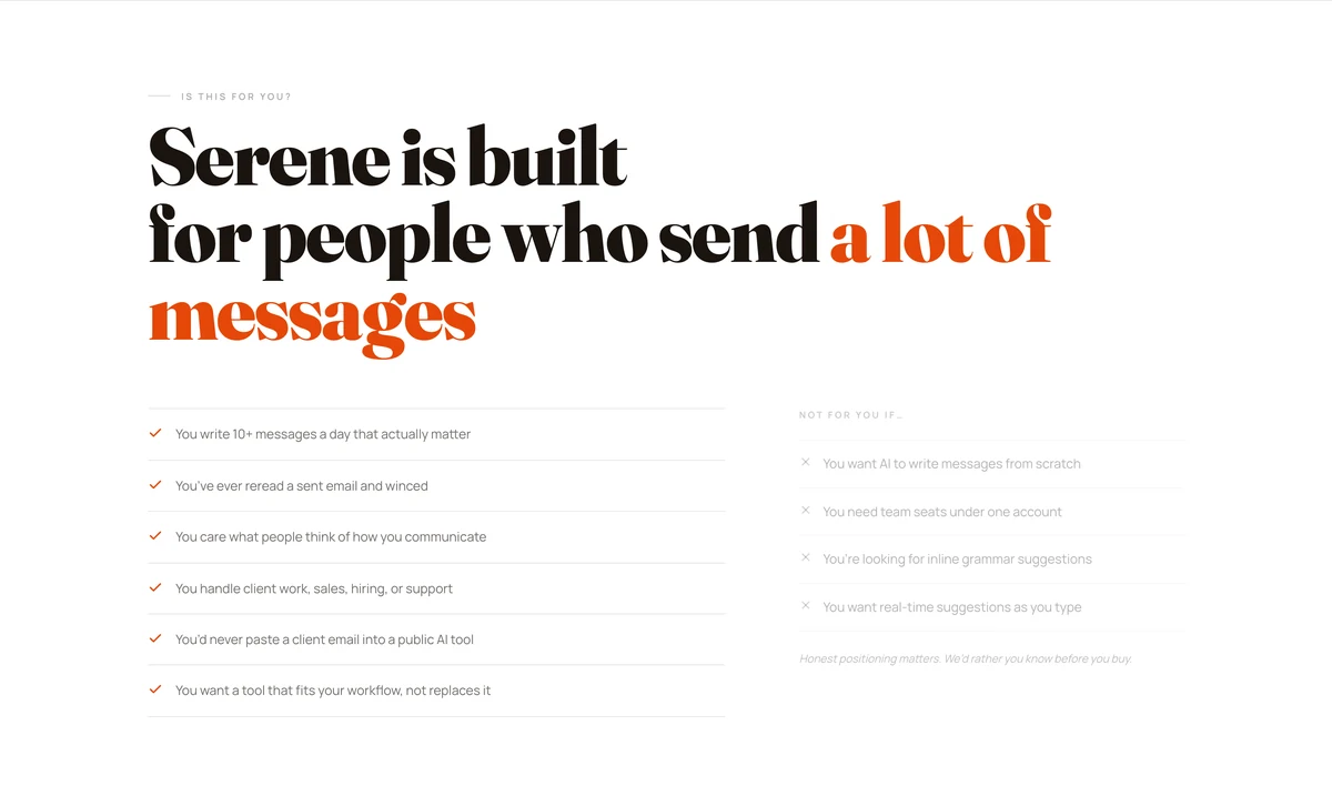 Landing qualification section “Serene is built for people who send a lot of messages”, with a for-you list and a not-for-you list.