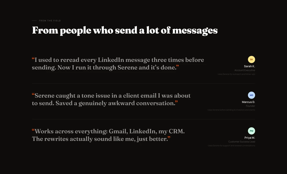 Landing testimonial band on a dark ground, three role-tagged quotes from people who send a lot of messages.