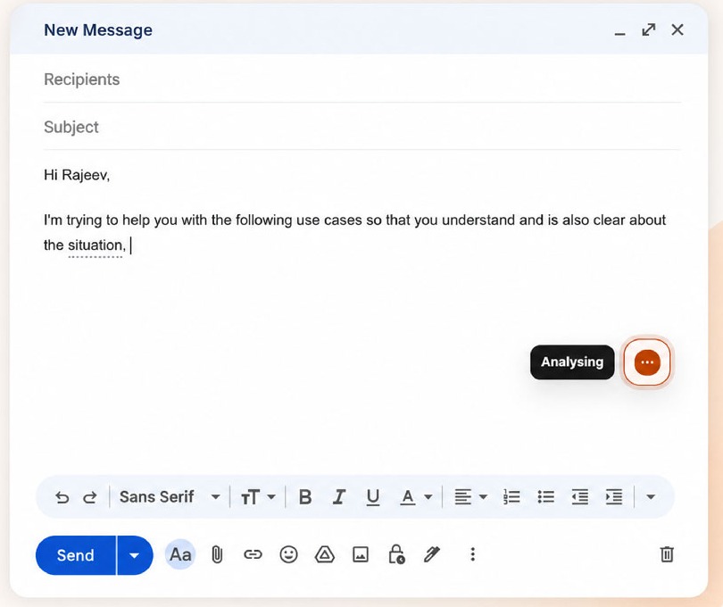 Serene inside a Gmail compose window: a draft to a recipient, with a small Serene indicator showing an 'Analysing' state next to the field.