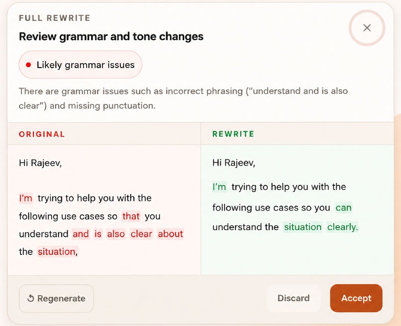 Serene's full-rewrite review: the original and the rewrite side by side, with removed phrasing marked in red and the improved wording in green, and Regenerate, Discard and Accept controls.