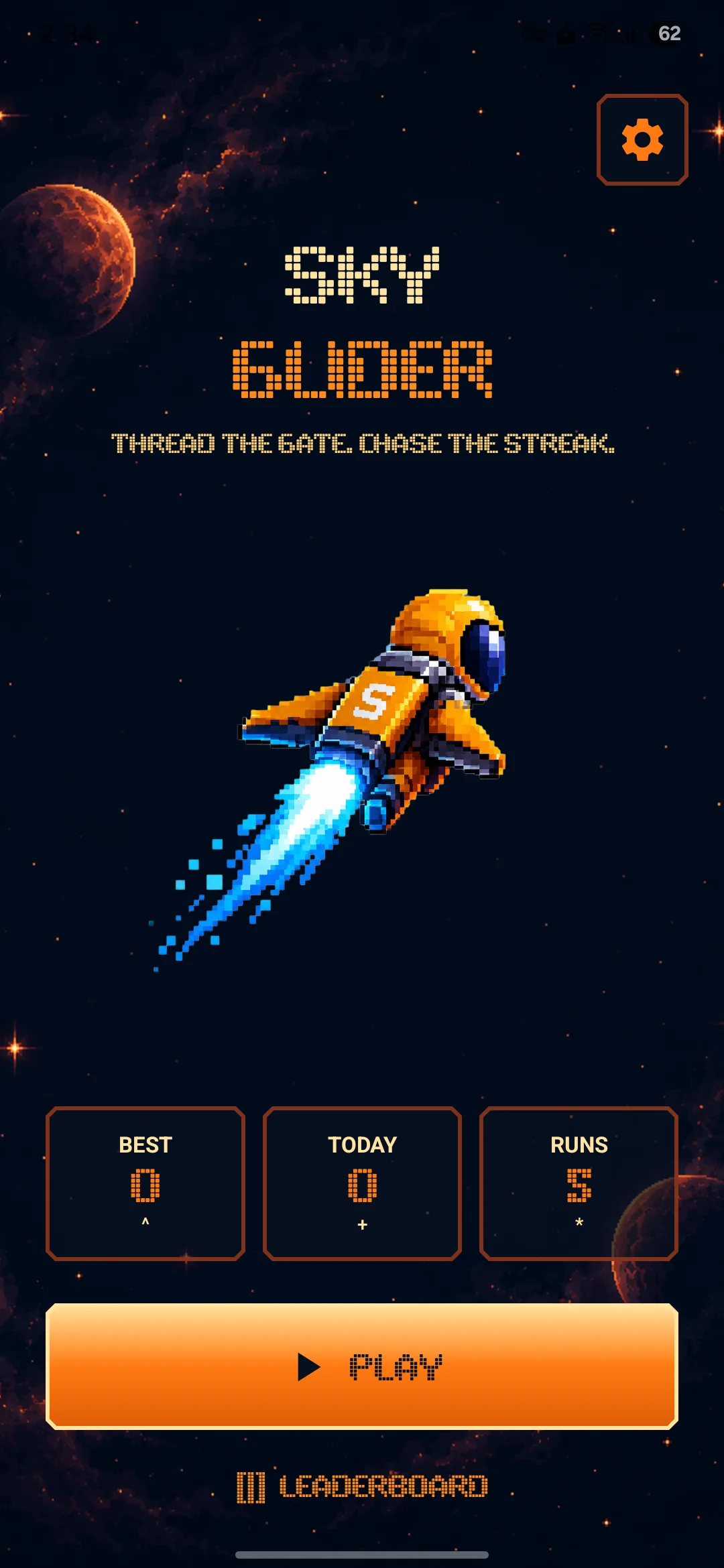 SkyGlider main menu, in space.