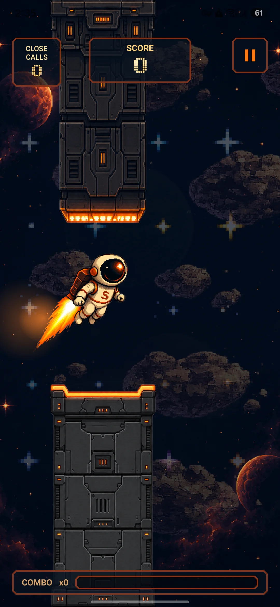 Gameplay: the astronaut threading between two space-station gates, with a close-calls and score counter and a combo meter.