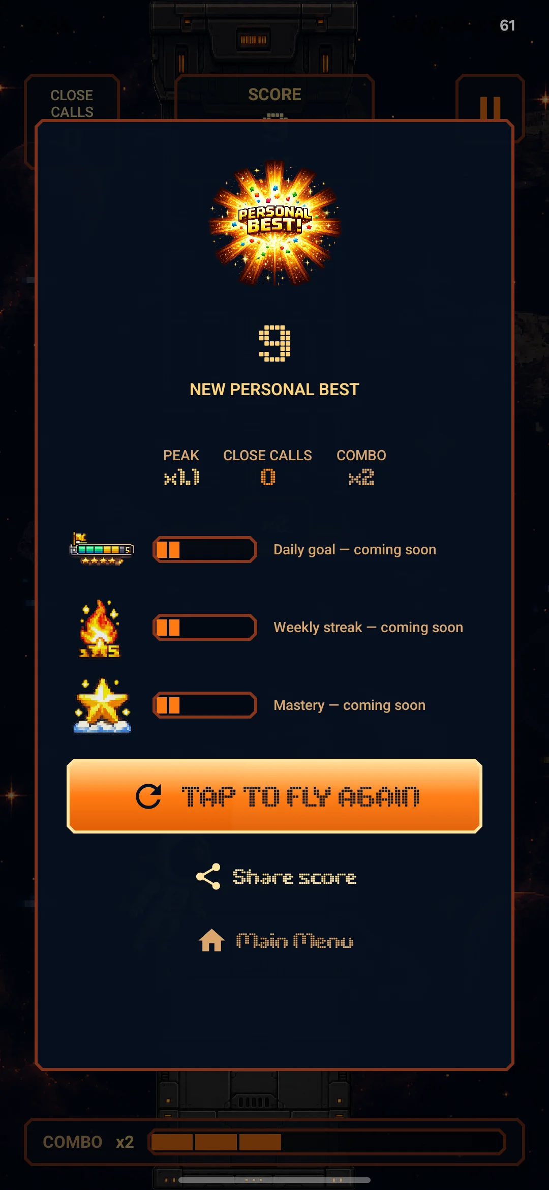 Run complete: a new personal best celebration with peak, close calls and combo stats, and a tap-to-fly-again button.