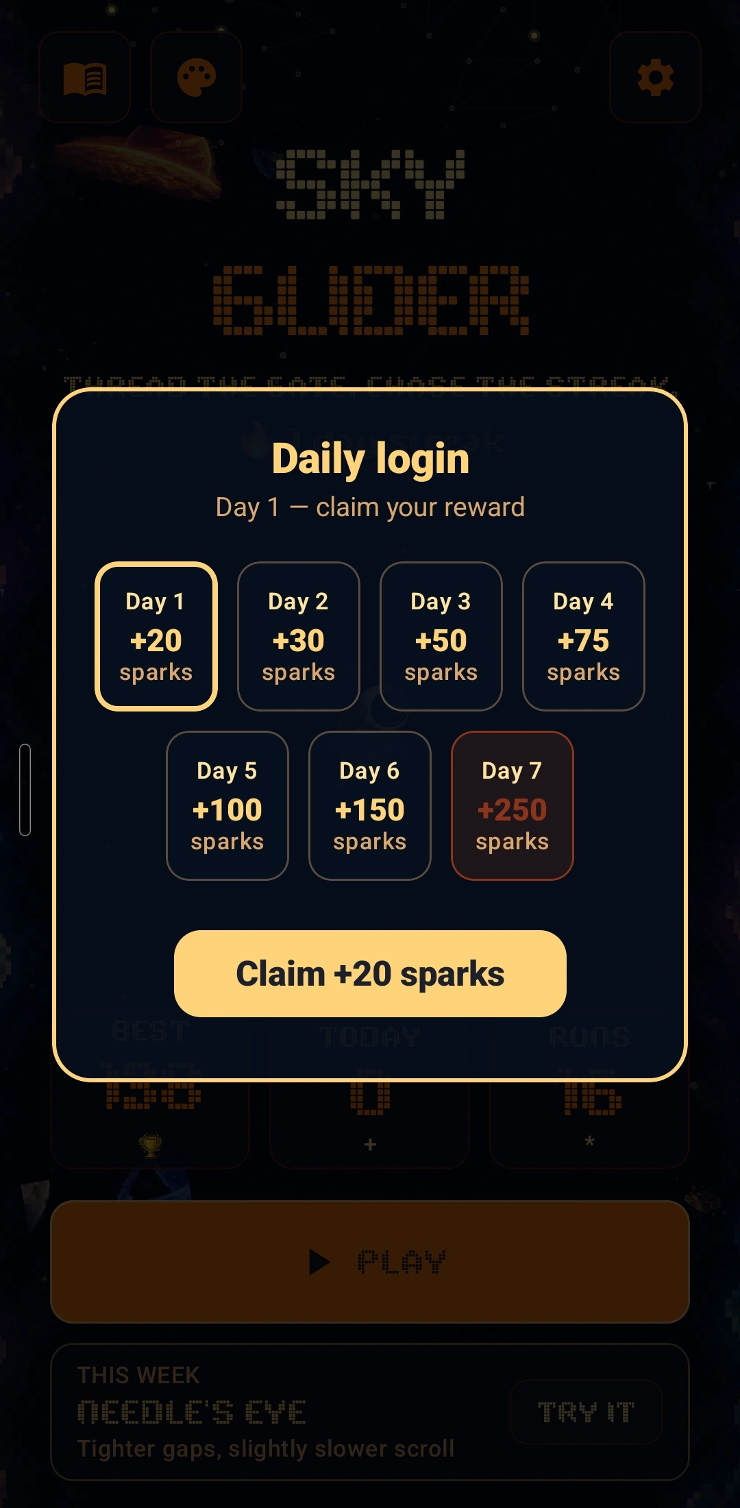 The daily login sheet over the main menu: a seven-day streak of spark rewards from twenty to two hundred fifty, day one ready to claim.