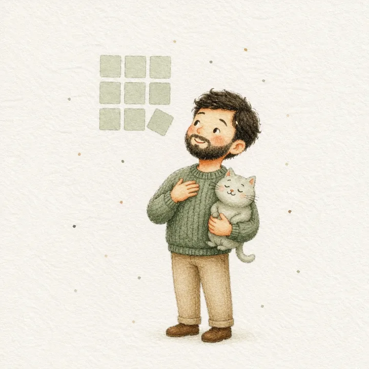 Watercolor spot: the man reads the week back with the cat on his lap.