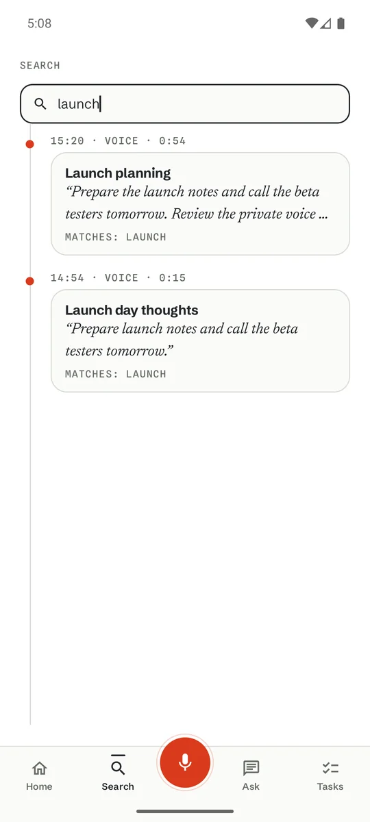Search results matching one word across saved notes.