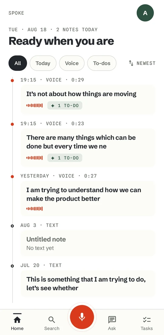 Spoke's home screen: a dated list of voice and text notes, each voice note carrying a small red waveform, two with a suggested to-do chip, and the red record button centered in the bottom bar.